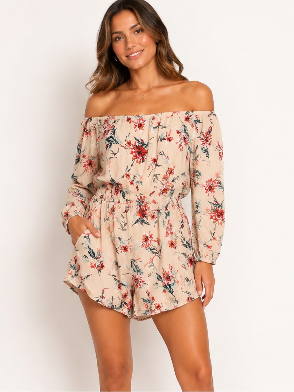 Wet Seal Floral Off-the-Shoulder Long-Sleeve Romper